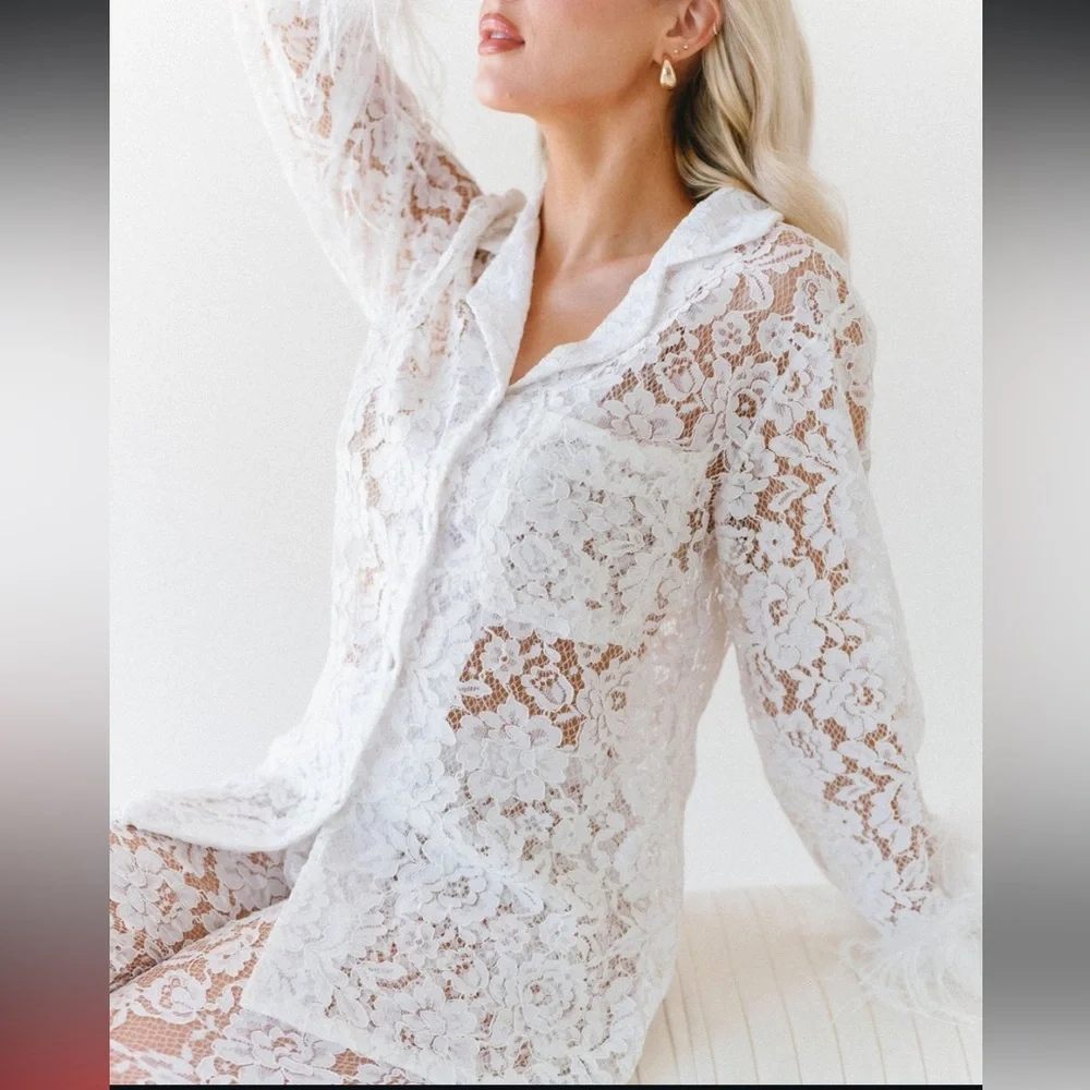 Bridal White Lace Pajama Set with Feather Trim - Picture 2 of 5